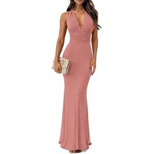 Prinbara Womens Summer Halter Deep V Neck Formal Bodycon Maxi Dresses 2026 Backless Mesh Wedding Guest Cocktail Long Dress, Size S