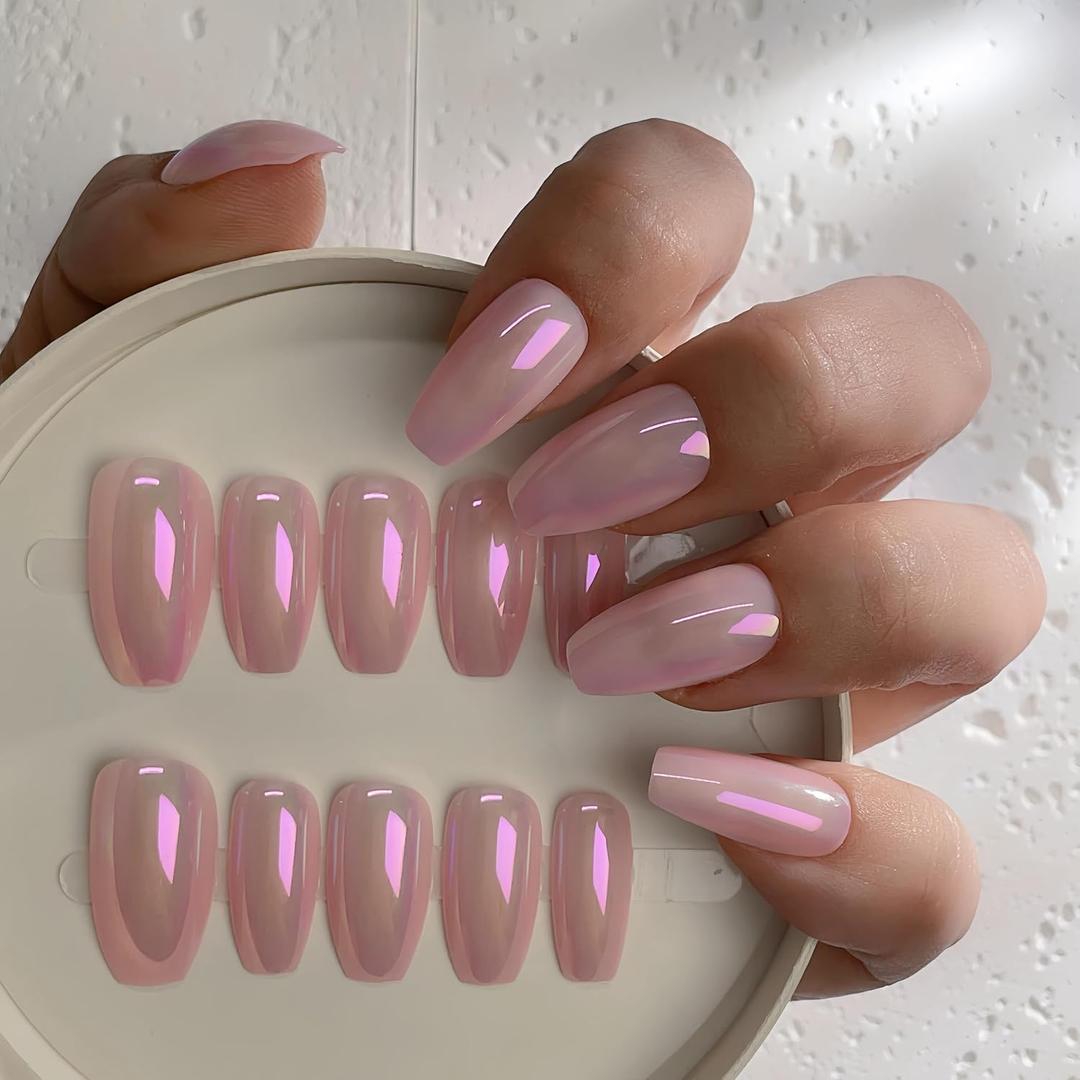 24Pcs Medium Coffin Press On Nails Holographic False Nails Tips Natural Full Cover Pink Fake Nails Acrylic Glue On Nails Set for Women and Girls, Reusable, All Occasions