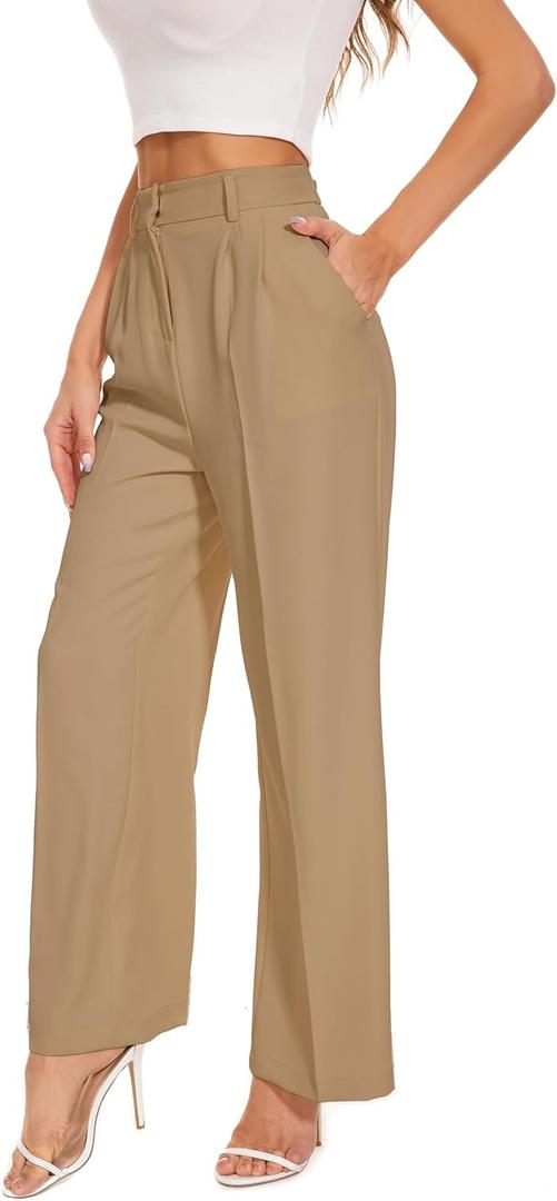 Women's Wide Leg High Waist Wide Leg Pants Loose Fit Back Elastic Waist Pleated Front Trousers for Work Casual (Khaki) Small Long