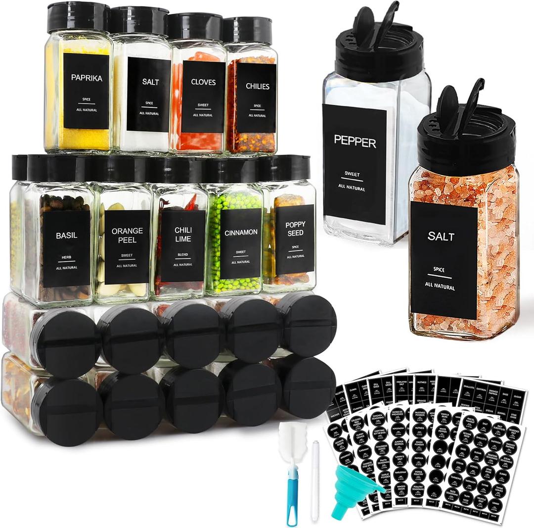 AISIPRIN Spice Jars with Label, Glass Salt and Pepper Shakers Set, 24 Pcs Spice Botter with Shaker Lids, Kitchen Essentials Seasoning Organizer Containers, Included 398 Labels, Funnel, Brush, Marker