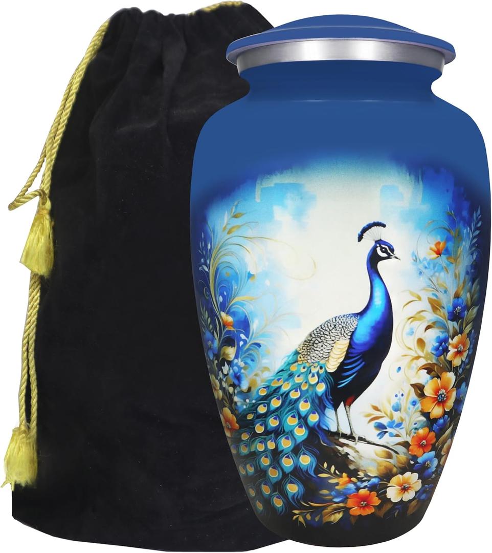 M MEILINXU Urn for Ashes Adult Male & Women, Cremation Urns for Human Ashes Adult Man & Female, Funeral Memorial Urn with Blue Peacock Design, Decorative or Burial Urns, Colorful Flowers - Large Size