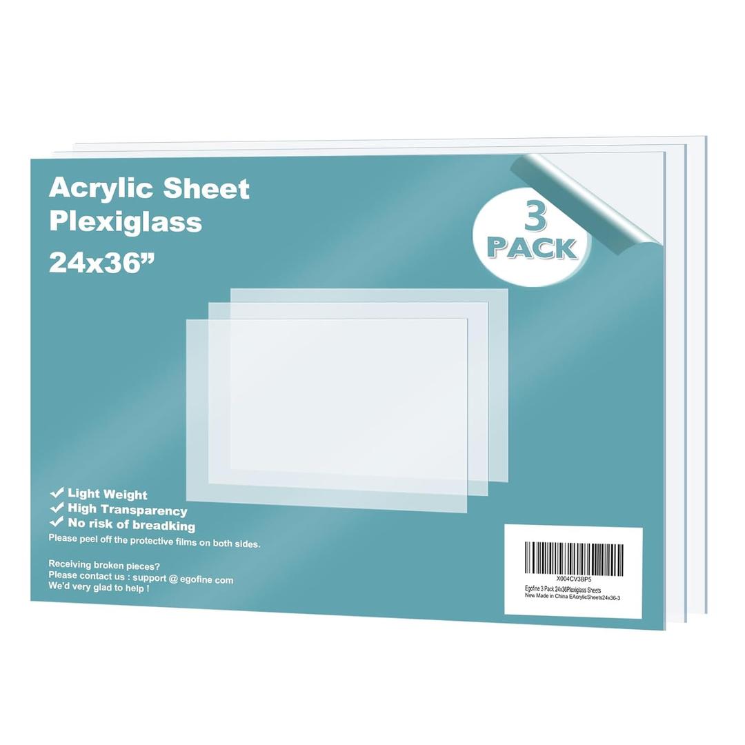 Egofine Plexiglass Sheets Acrylic Sheets 3 Pack of 24x36 0.04 Thick Clear Plastic Cast Transparent Plexi Glass for Crafting Projects, Replacement Picture Frame Glass, DIY Display, Easy to Cut