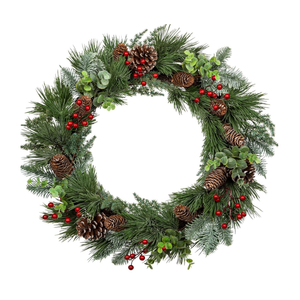 Green Christmas Wreath with Pine Cones, Berry Clusters & Abundant Branches - 24"(16' Frame) Winter Wreath Hanging Decor
