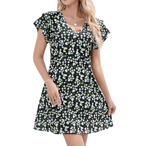 Summer Dresses for Women 2025 Casual Ruffle Sleeves Mini Dress Sundresses Floral Boho Beach Dresses with Pockets
M
