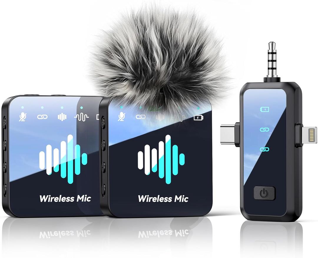 MENERESAS Wireless Lavalier Microphone for iPhone: Mini Microphone Noise Reduction - 328ft Transmission & 20H Battery Life for Video Recording, 3-in-1 Universal Camera & Android, Deep Grey