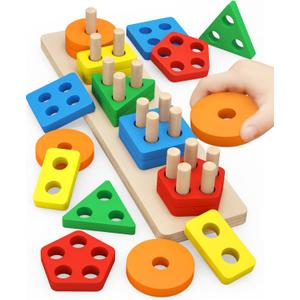 PEBIRA Montessori Toys for 1 to 3-Year-Old Boys Girls Toddlers, Wooden Sorting & Stacking Toys for Toddlers and Kids Preschool, Educational Color Recognition Shape Sorter, Learning Puzzles Gift