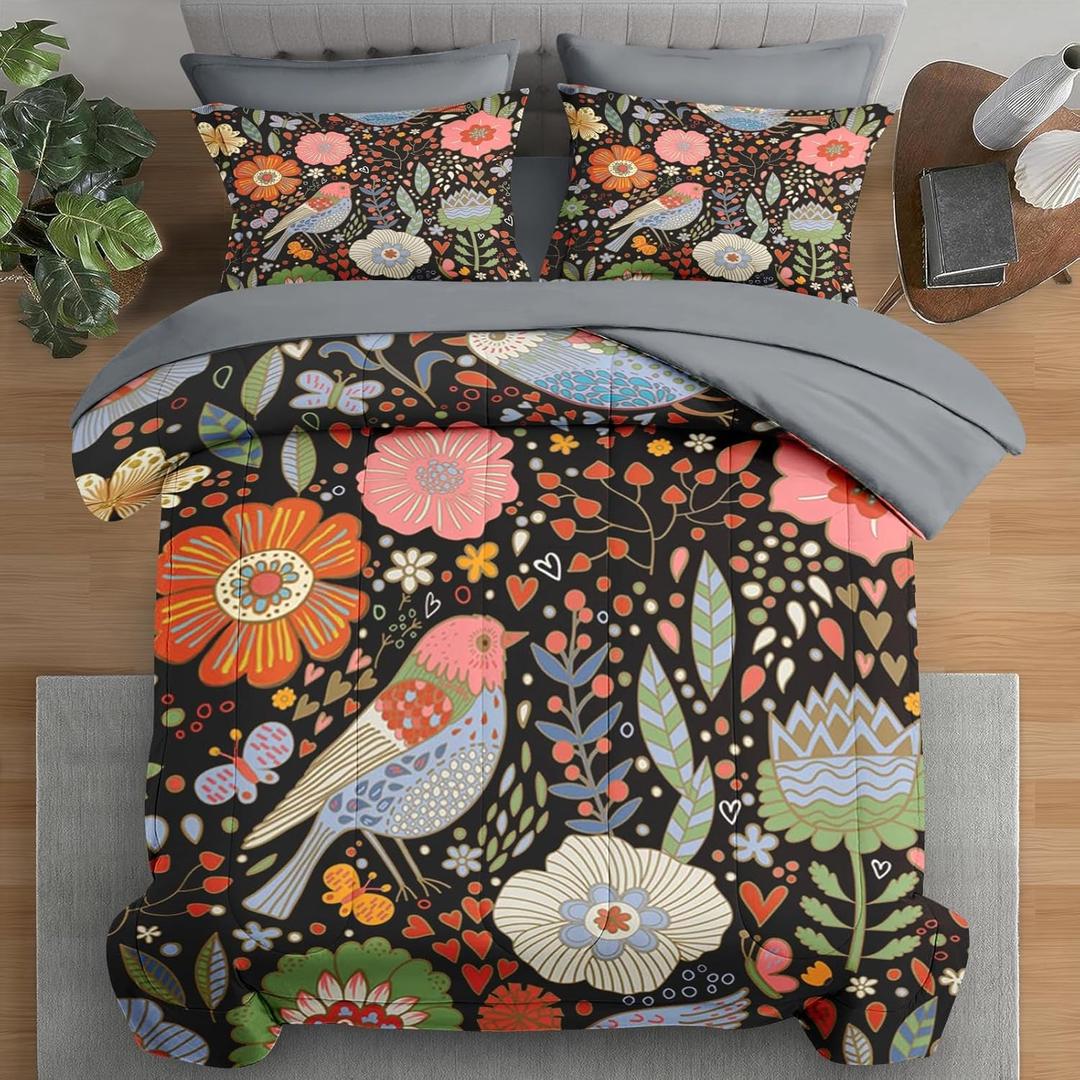 Comforter Set Queen Size, Retro Floral Bird 7 Pcs Bedding for Kids and Adults, Vintage Chinese Flower Bed Sheet Sets with Fitted Sheet 2 Pillowcases & 2 Shams for Bedroom Bed Decor
