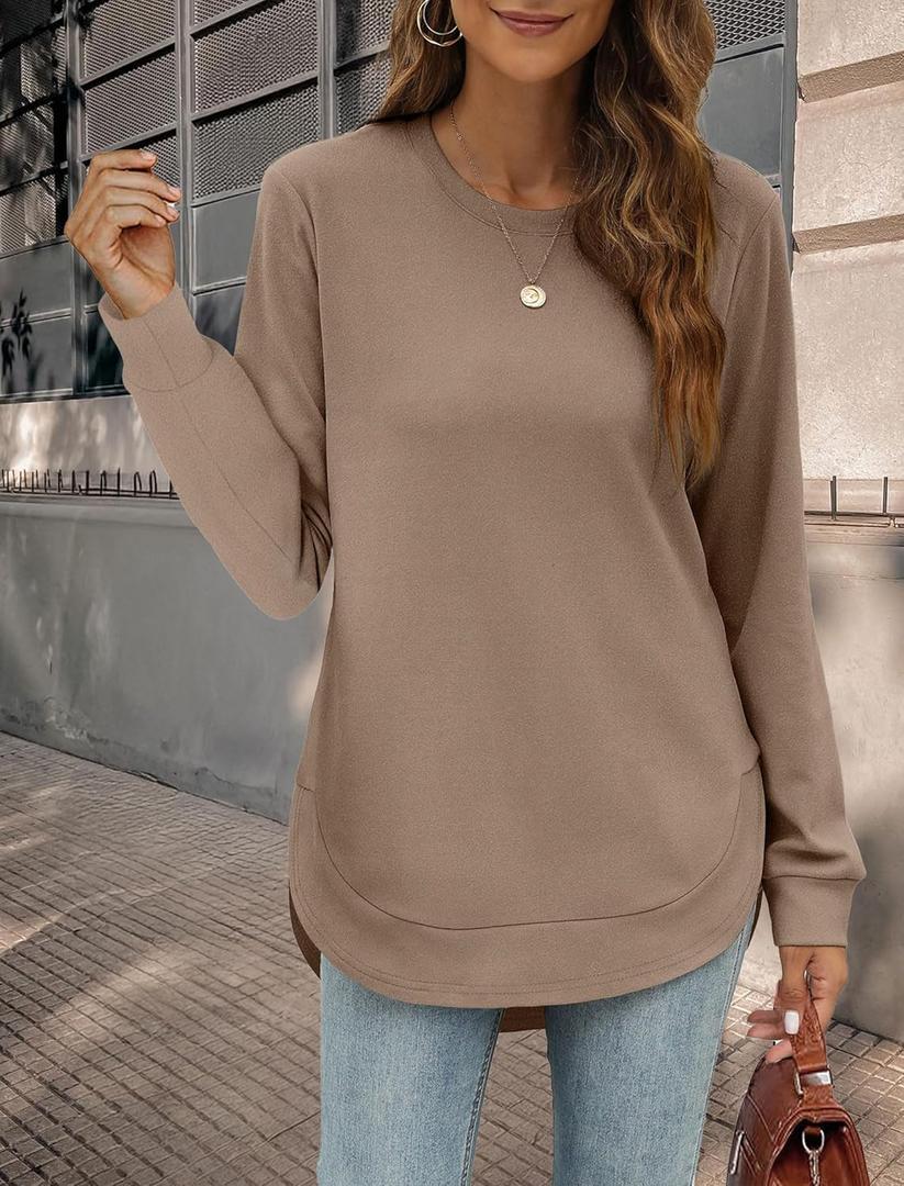 Womens Sweatshirt Crewneck Long Sleeve Shirts High Low Tops Curved Hem (Brown, XXL)