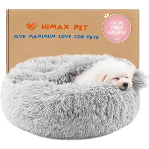 Himax Small Cat & Dog Bed with Cover, Calming Dog Bed for Small Dogs,Anti-Anxiety Donut Dog Bed with Attached Blanket,Washable Round Fluffy Pet Bed (20"/26"/35")Light Grey