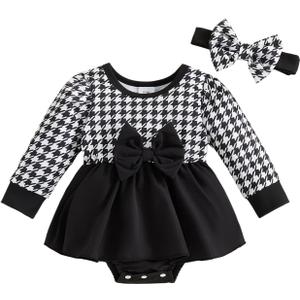 Giraropa Baby Girl Fall Winter Clothes Long Sleeve Romper Dress + Socks + Headband Newborn Infant Cute Casual Outfits (Black cc, 3-6 Months) (Black)