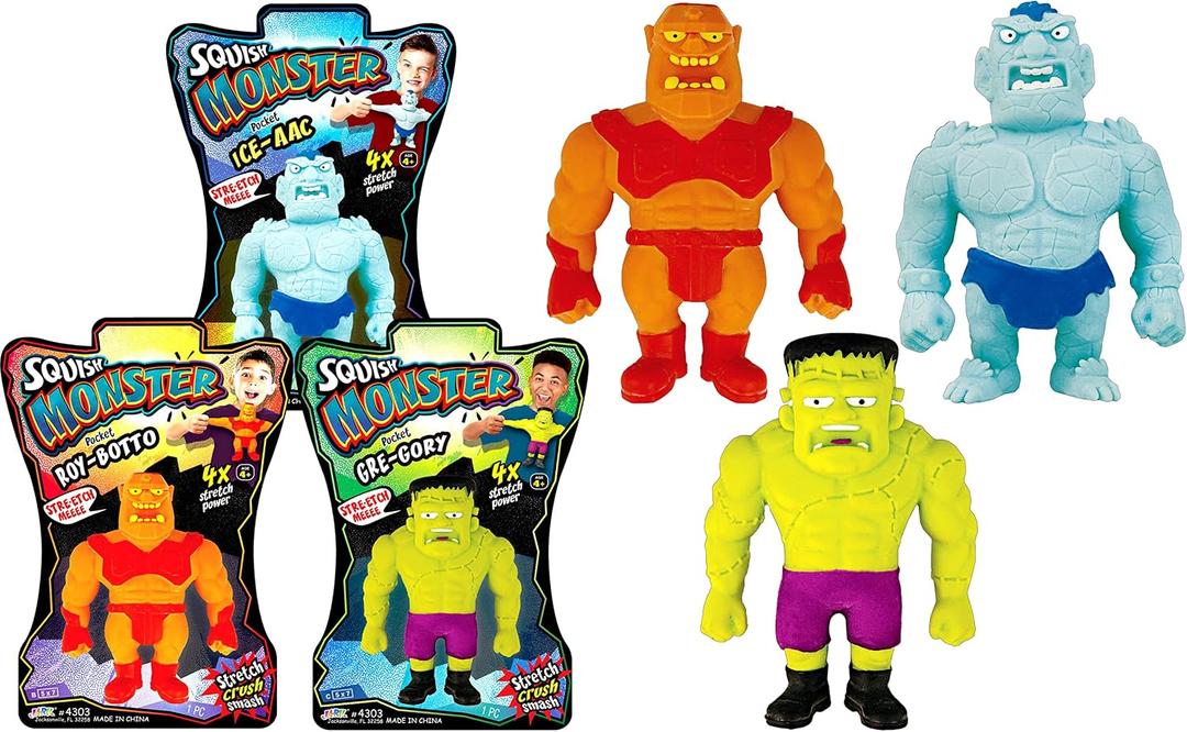 JA-RU Stretchy Monster Toy 3.5" Tall (3 Monsters Assorted) Halloween Action Figures Squish Pull Fidget. Calming Stress Toy for Kid & Boy Party Favor 4303-3s, Small