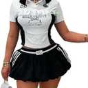 Women's Sport Skirt Set 2 Piece Lace Combo Top & Bubble Mini Skirt Set Sexy Short Sleeve Bodycon Y2k Party Club (Black)