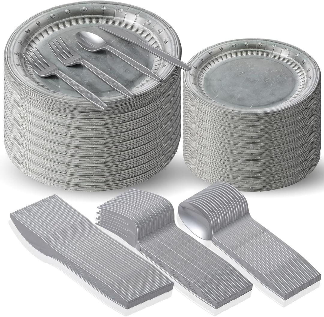 25 Set Silver Medieval Party Supplies Knight Festive Castle Party Tableware Accessories Pirate Birthday Party Disposable Paper Pewter Tableware Set Paper Plates Forks Spoons Knives