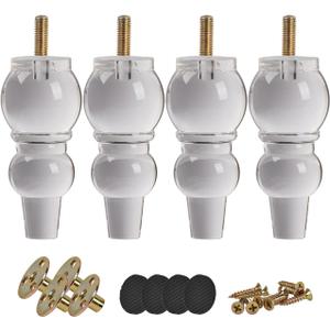 6 inch Acrylic Furniture Legs, 2Pcs Turned Clear Glass Bun Feet with Threaded M8 Hanger Bolts & Mounting Plate & Screws for Sofa Couch Cabinet Bed