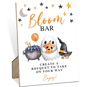 2 x Bloom Bar Sign A Little Boo Is Almost Due Halloween Baby Shower Decorations, 5.6x 7.8" Halloween Cauldron Ghost Moon Wooden Table Sign for Flower Bar Birthday Baby Shower Activities