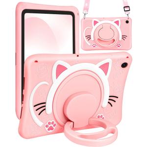 for Samsung Galaxy Tab A9 Plus Case 11 Girls Cute Cat Kawaii Cover Girly 3D Cartoon Women Kitten with Rotating Handle Stand & Strap Soft Silicon Funda for Samsung A9 Plus Tablet Case, Pink Cat 