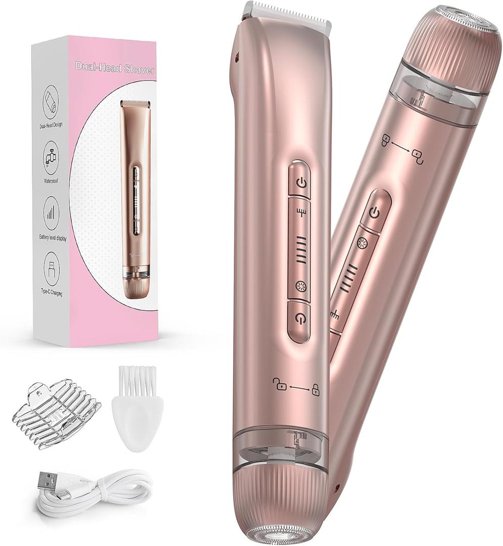 Bikini Trimmer for Women - 2 in 1 Electric Body Hair Trimmer for Silky Skin, Cordless Body Shaver for Travel, IPX7 Waterproof & Easy to Clean, Replaceable Ceramic Blade Heads, Rose Gold (Pink)