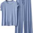 Two Piece Pajama Set For Women Pants Short Sleeve Pullover Tops Outfits Summer Fall Casual Loose Lounge Sets Pj XX-Large, Light Blue 