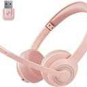 JIAMQISHI Wireless Headset with AI Noise Cancelling Microphone Bluetooth Headset - Bluetooth V5.2 Headphones with USB Dongle & Mic Mute for Computer/Laptop/PC/iPhone/Android/Cell Phones (Pink)