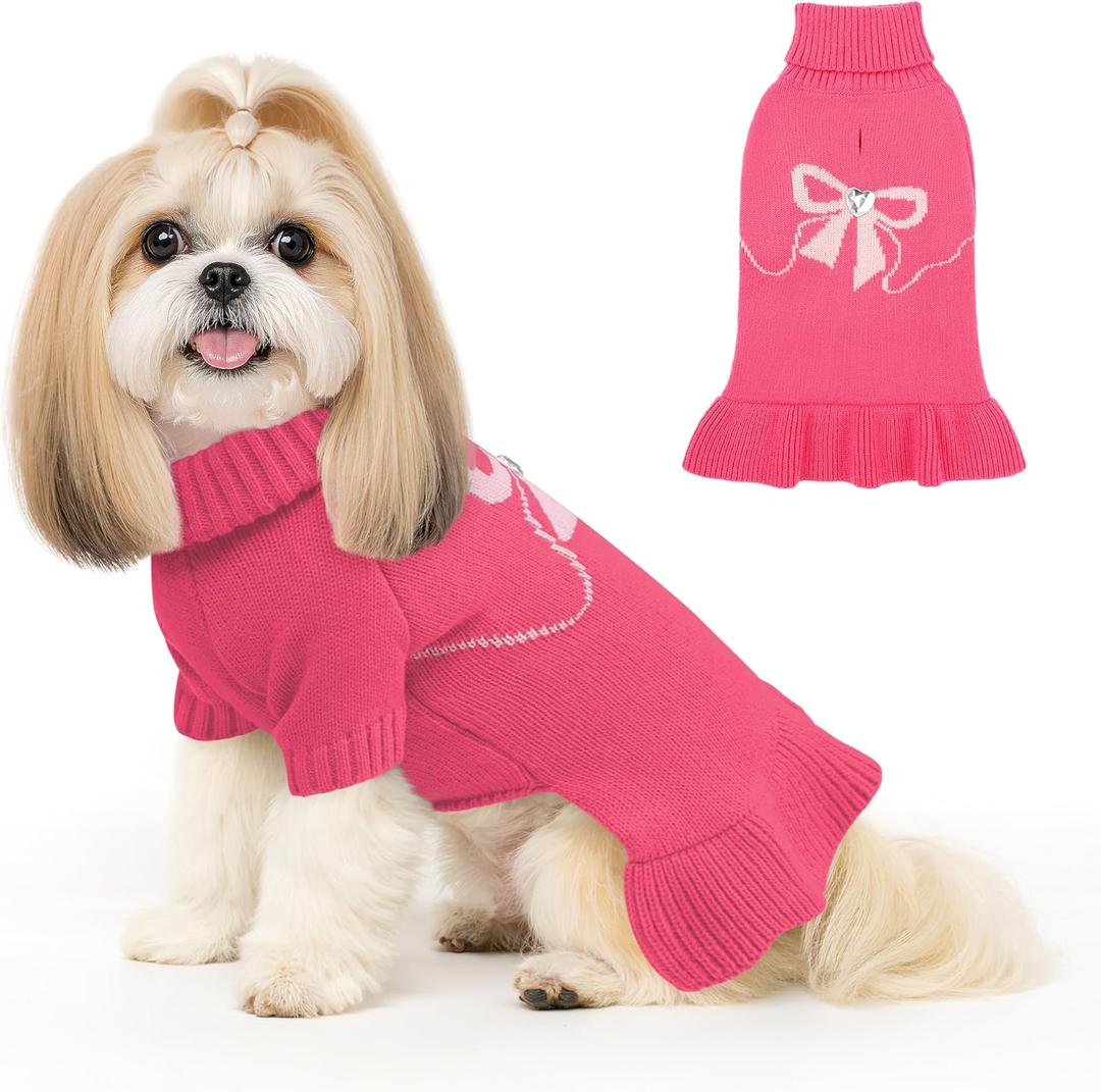 YUDODO Valentines Bowknot Dog Sweater Dress for Small Dogs Girl, Stretchy Pet Sweaters Pullover Coats, Fall Winter Warm Dog Turtleneck Sweater (Pink, L)