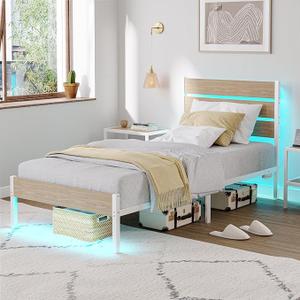 Twin Size Bed Frame with Charging Station, LED Light Metal Bed Frame with Wooden Headboard, No Box Spring Required, No Noise, Easy Assembly, White