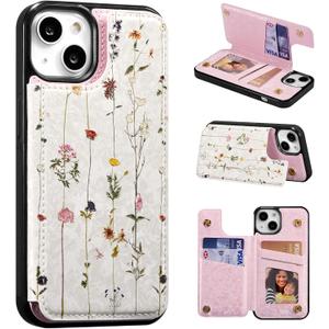 UEEBAI Wallet Case for iPhone 15 with Card Holders, PU Leather Cover Kickstand RFID Blocking Double Magnetic Clasp Rilievo Flower Shockproof Flip Case for Women Girls - Tree Vine