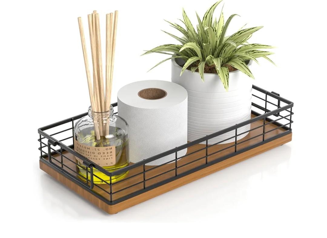 Toilet Paper Basket, 13 Inch Bathroom Basket Toilet Tank Tray Organizer Storage for Toiletries, Living Room and Kitchen (Walnut)