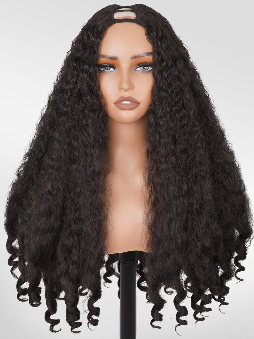 Afro Wig V Part Kinky Curly Wigs for Black Women, 180% Density Wear and Go Glueless Wig with Unique Bouncy Curls in the End, Synthetic No Leave out Clip in (Natural Black #2, 24 Inch)