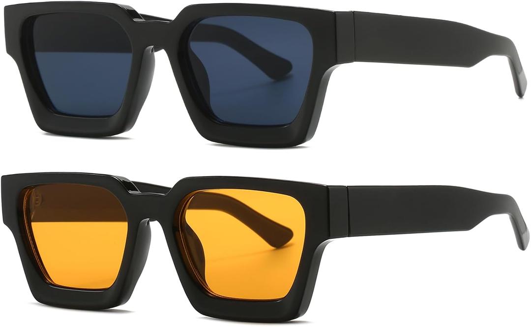 AIEYEZO Square Sunglasses for Women Men Square Thick Frame Sun Glasses Simple Designer Style Shades (2 Pack Black/Grey + Black/Yellow))