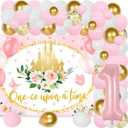 Princess Theme Royal Castle Floral Princess One-Ce Upon A Time Photography Background Cloth Backdrop Pink Balloon Arch Kit for Girls 1st Birthday Party Supplies