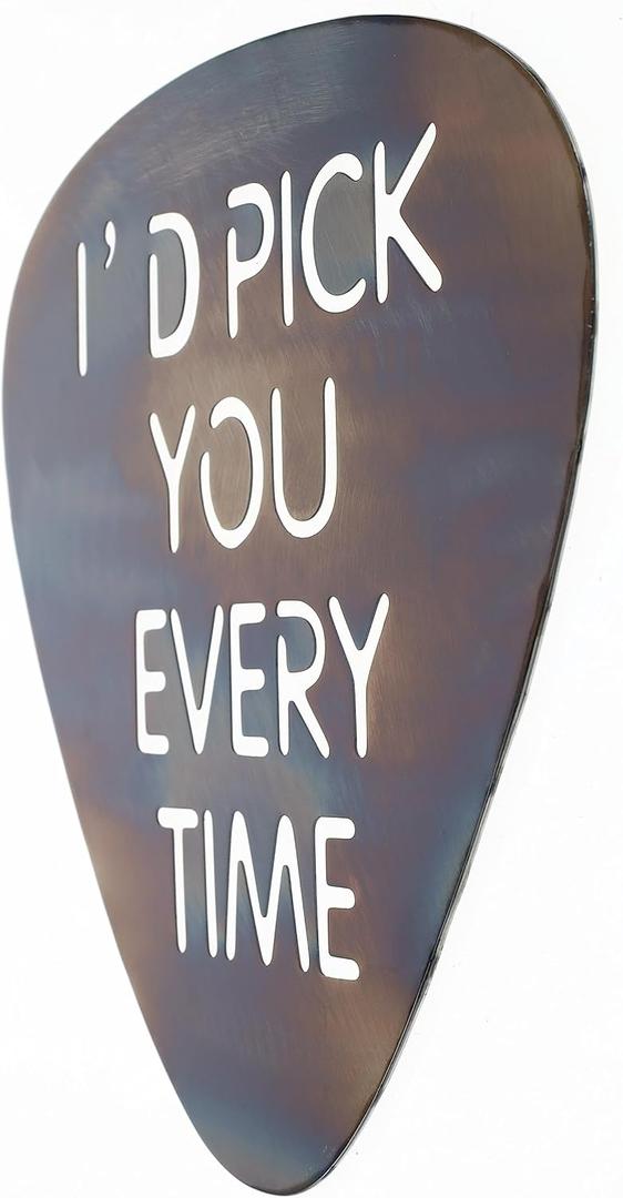 Top Brass Metal Guitar Pick Wall Decor Art - 12" I'd Pick You Every Time - Rustic Glossy Torched Finish