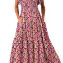 BLENCOT Womens Cotton Floral Maxi Dresses Casual Flowy Boho Dresses Summer Ruffle Short Sleeve V Neck Dress with Pockets Size L