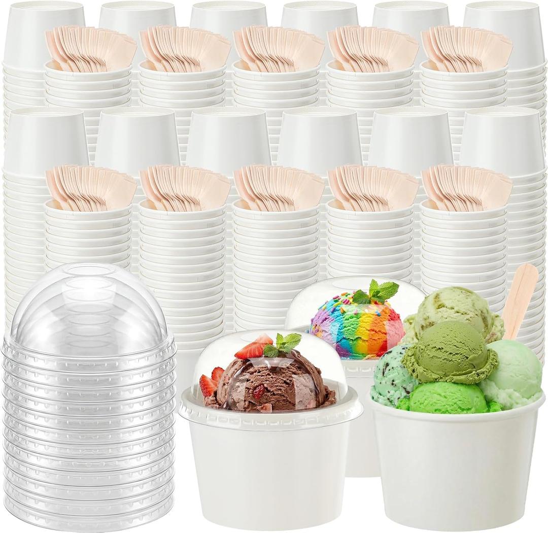 300 Pack Ice Cream Cups with Dome Lids No Hole and Spoons Bulk Disposable Paper Dessert Bowls White Sundae Containers for Snack Yogurt Soup Birthday Summer Ice Cream Party Supplies (6 oz)