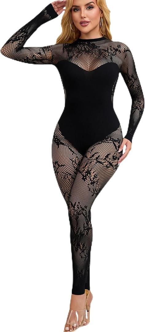 Women Fishnet Bodysuit Mesh Badydoll Soft Nightwear Lingerie One Piece Outfit (Black, S)