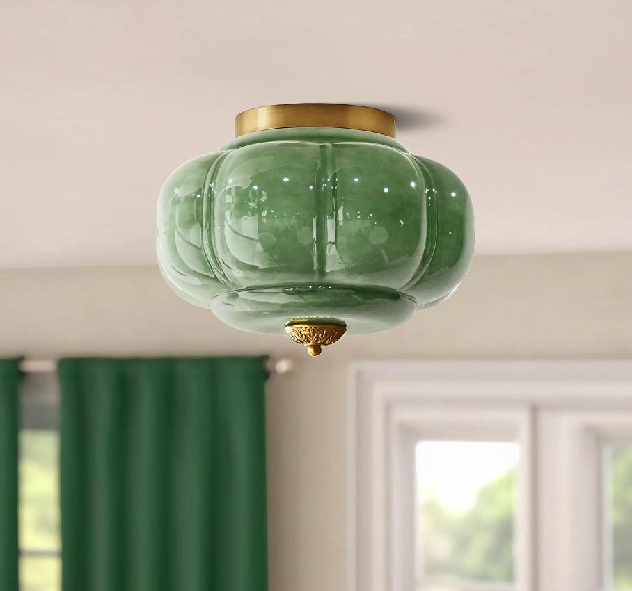 Milk Glass Ceiling Light Fixture - Farmhouse Antique Brass Semi Flush Mount Ceiling Light for Kitchen, Hallway, and Bedroom (Green 15 inch)