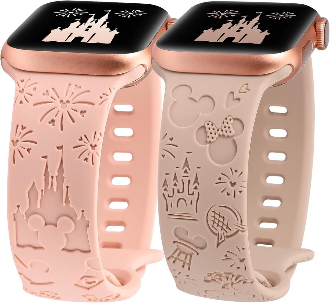 2 Packs Cartoon Engraved Band Compatible with Apple Watch Band 49/46/45/44/42mm(Series 3 2 1) Women, Cute Designer Soft Silicone Strap for iWatch Series 11 10 9 8 7 6 5 4 3 SE/Ultra 3 2 1 (Pink & Milk Tea)