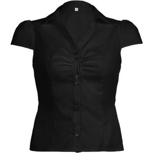Women's Button Up Shirt Slim Fitted Cap Sleeve V Neck Top Y2k Coquette Button Down Shirt (Black, S)