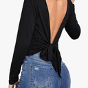 LilyCoco Womens Backless Long Sleeve Top Boat Neck Sexy Tie Back Shirt Solid Tee, L