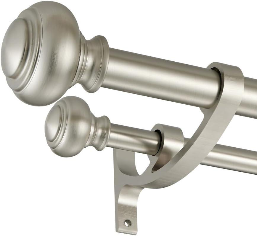 Double Curtain Rods for Window 72 to 144 Inch, Brushed Nickel Decorative Double Drapery Rod with Urn Finials, 1-Inch Front and 5/8 Inch Back Double Window Rods, Adjustable Double Rod Curtain Dual Rods