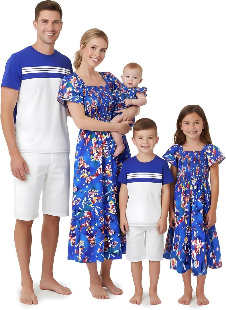 PATPAT Family Matching Outfits Mommy and Me Dresses Ditsy Floral Beach Vacation Photo Dresses and T-Shirts Matching Sets (L)