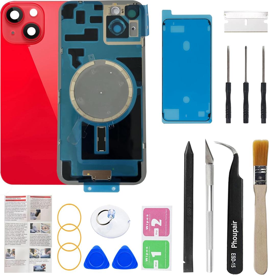 OEM Back Glass Replacement Compatible with iPhone 14 6.1 Inches with Camera Frame and Camera Lens + Professional Repair Tool Kit and Installation Instruction (Red)