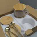 JBHO Vintage Glass 14OZ Coffee Mugs 4pcs Clear Embossed Glass Cups with Bamboo Lids and Spoons Gifts for Women Overnight Containers for Tea,Cereal,Cappuccino, Latte