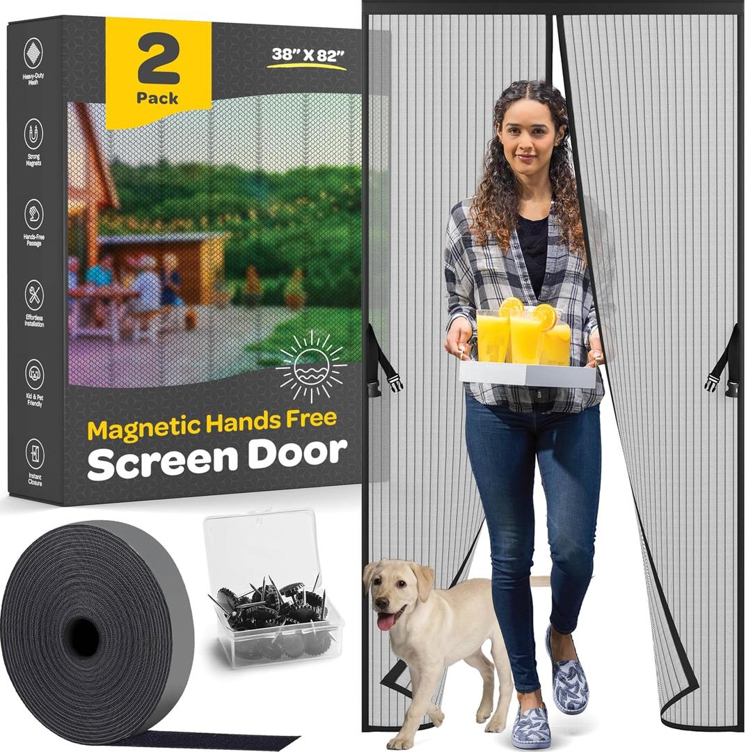 Hands-Free Magnetic Screen Door, [2 Pack] Heavy Duty, Self Sealing Screen Door Mesh Protector, Pet/Kid-Friendly, Stay-Open Buckle, Keeps Bugs Out While Letting Nature in, Fits Door (39.4" x 82.7")