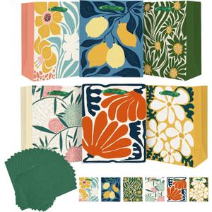 Qiqee 7.9"x4.3"x9.6" 6PCS Clash Flowers Paper Gift Bags with Tissue Paper Handles Medium Size Bags12pcs Tissue Paper