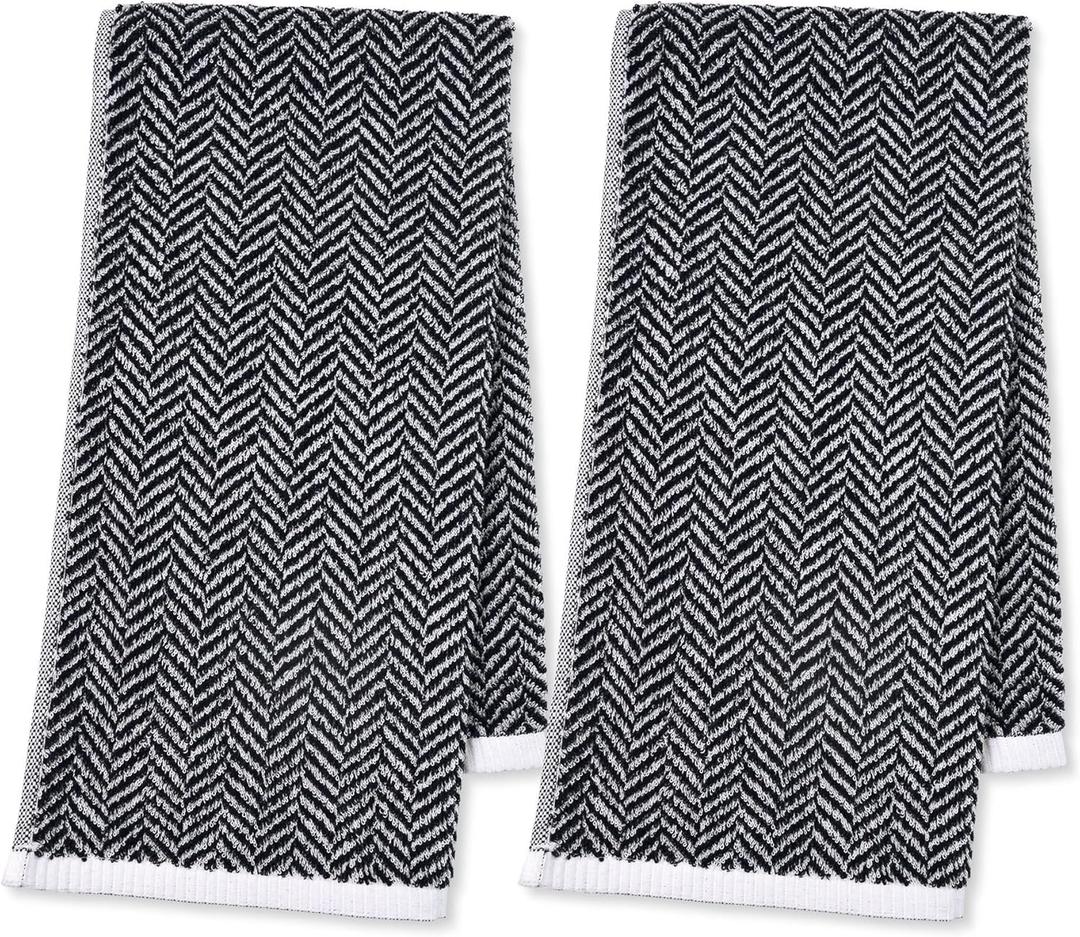 Cleanbear Black Cotton Hand Towels, 2 Pack Herringbone Striped Hand Towels for Bathroom, Soft Absorbent Lightweight for Drying Hands, 14x29 Inches, Decorative & Durable