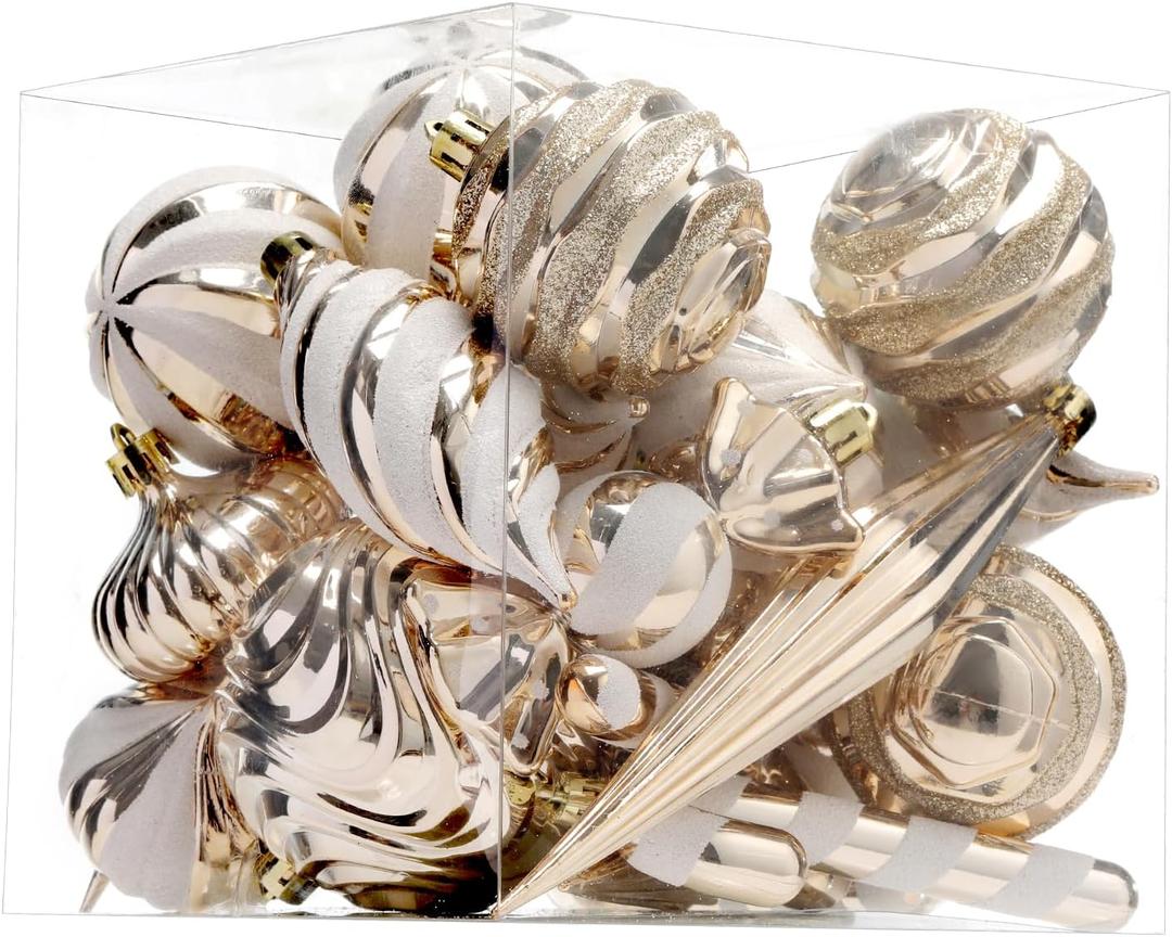 Christmas Ball Ornaments Set Shatterproof Christmas Tree Ornaments 24 PCS Painted Shaped Styles Xmas Tree for Holiday Decor, Champagne