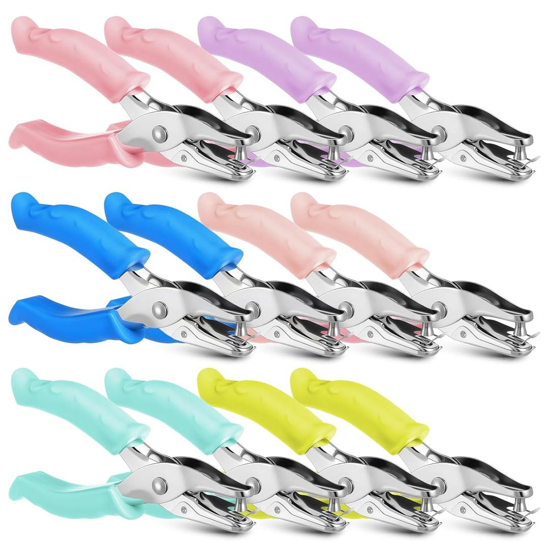 Giantree 12 Pack Single Hole Punch Handheld 1/4 Inch Hole Metal Paper Puncher with Grip Handles Circle Single Shape Puncher for Craft Papers Greeting Cards Scrapbook Notebook (Multicolor)