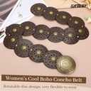 LEACOOLKEY Women's Boho Disc Belt Wide Western Leather Belt Vintage Concho Waist Belts for Dress Jeans (Brown)