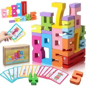 Wooden Number Building Blocks - 20Pcs Stacking for 3+ Years Old Kids, Digital Building Blocks, 1-10 Digital Blocks Toys, Balance Competition Toy, Educational Gift for Boys and Girls