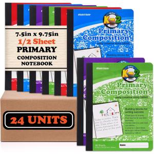 Mintra Primary Composition Notebook, 24 units 6-4 Pack, Assorted Colors, 80 Sheets, 7.5in x 9.75in, 1/2 Sheet, Ruled with Drawing Area, Flexible Hardcover Journal, Grades K-2, School & Home Use